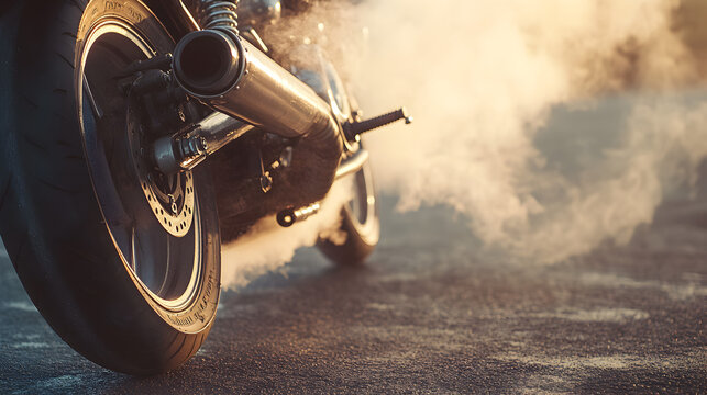 A tight shot of a motorbike&rsquo;s exhaust tip, captured as it emits steam in the early morning, with the pipes and steam dominating the image.


