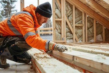 Worker installing sustainable insulation panels, focused and careful, in a green construction site