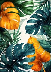 Tropical leaves frame background with white space in the center for text, white background, watercolor illustration style