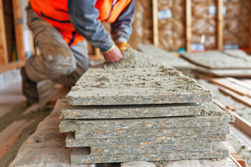 Worker installing sustainable insulation panels, focused and careful, in a green construction site