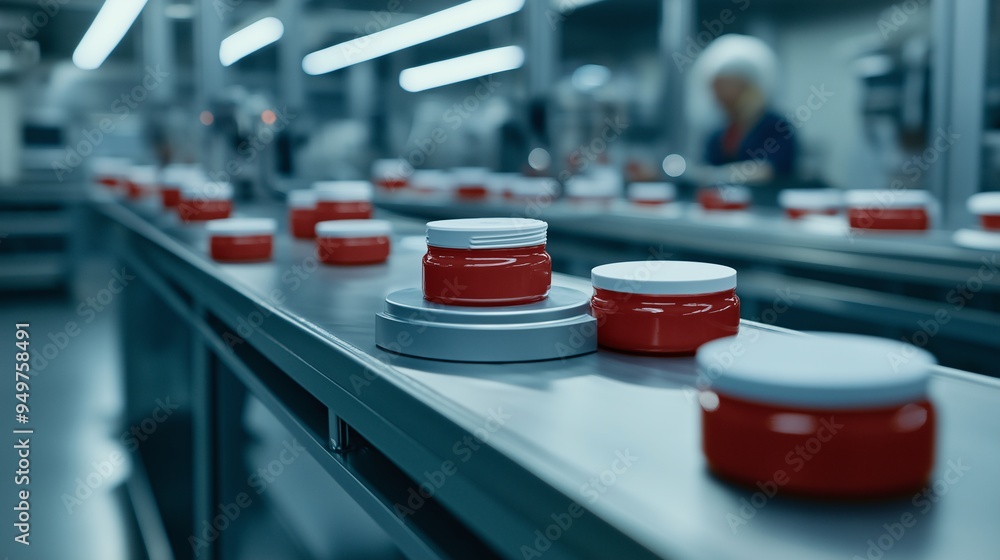 Poster red jars on conveyor belt: a captivating image of a modern factory floor showcasing a production lin
