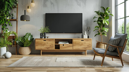 Mockup a cabinet TV wall mounted with armchair in living room