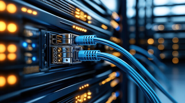 Close-up of network cables connected to server ports with LED indicators in a data center setting.