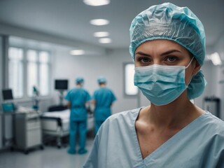 Female surgeon in uniform with medical mask and cap standing at hospital.