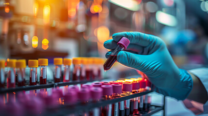 Microscope with test tubes with blood samples