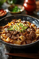 Beef Chow Fun - A Cantonese stir-fry dish made with wide rice noodles, tender beef, and bean sprouts in a savory soy sauce.