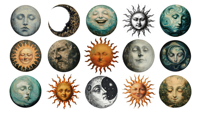 PNG vintage celestial design element set, transparent background