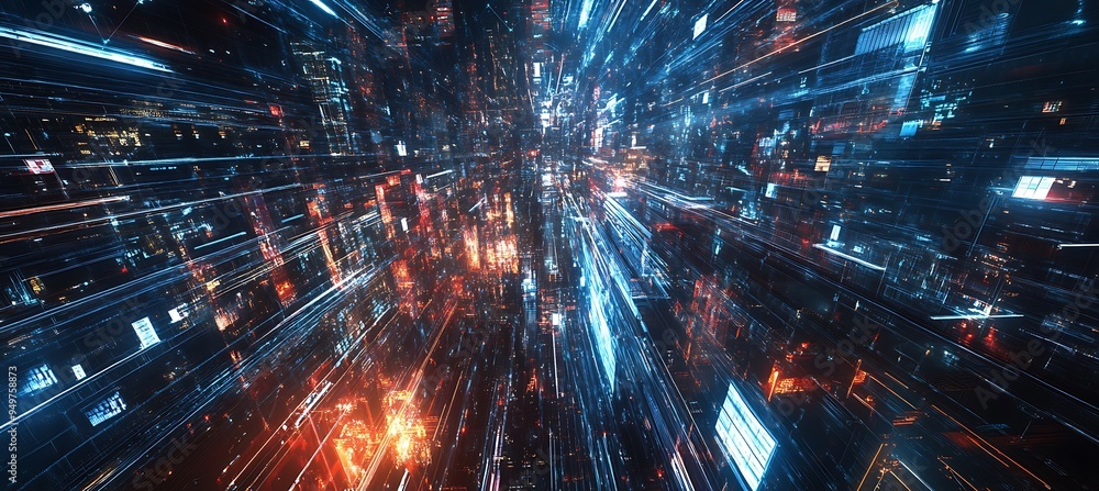 Poster a futuristic city with seamlessly interconnected smart systems and digital displays.