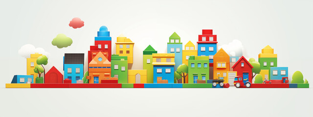 Bright And Colorful Toy Cityscape With Various Buildings And Trees