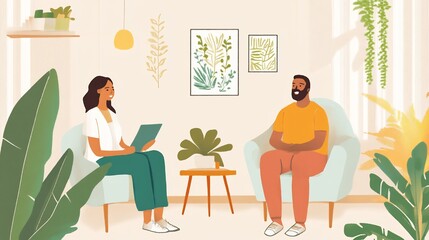 Illustration of mental health support showing a therapist and patient in a calm supportive environment