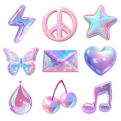 PNG 3d y2k hologram design element set, transparent background