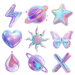 PNG 3d y2k hologram design element set, transparent background