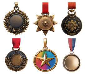 Various military medals set isolated on transparent background