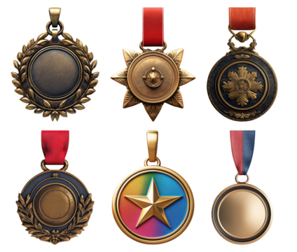 Various military medals set isolated on transparent background