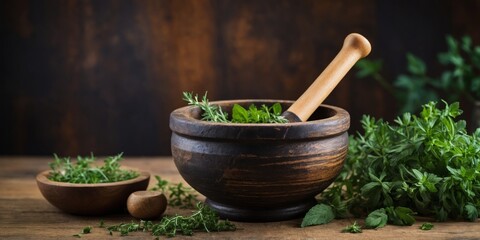 Rustic wooden mortar and pestle with herbs.