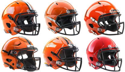 Football helmets in different colors isolated on transparent background