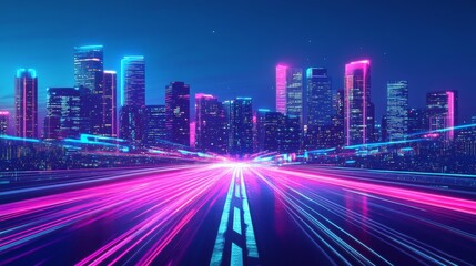 Obraz premium A city skyline at night with neon lights and motion blur, representing the fast-paced urban lifestyle.