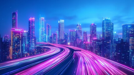 Fototapeta premium A city skyline at night with neon lights and motion blur, representing the fast-paced urban lifestyle.