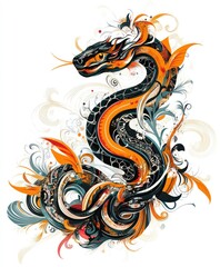 Fototapeta premium A colorful, artistic depiction of a dragon-like snake with intricate designs and flowing elements.