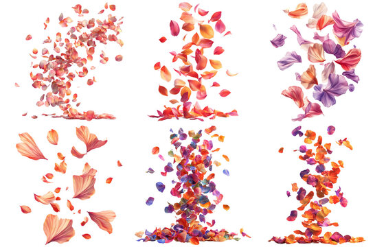 Falling rose petals in various colors isolated on transparent background