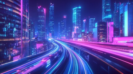 Fototapeta premium A city skyline at night with neon lights and motion blur, representing the fast-paced urban lifestyle.