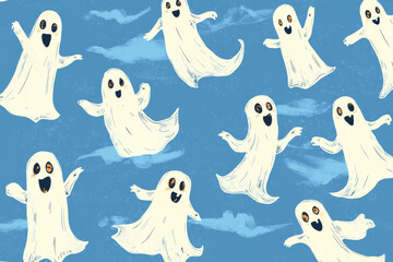 Cheerful White Ghosts on a Blue Background