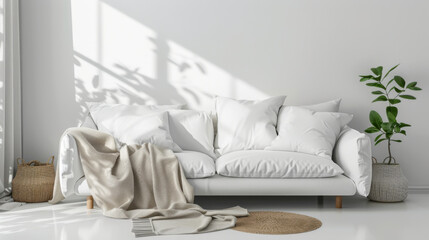 White room with white sofa. Scandinavian interior design
