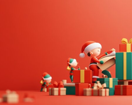 Santa and elves working together to wrap and stack presents on a red background. Festive Christmas scene with copy space.