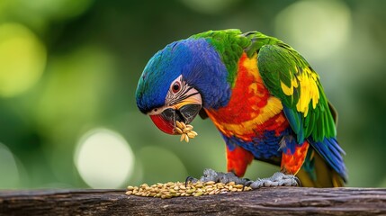 Fototapeta premium A close-up of a colorful parrot nibbling on seeds, perched on a wooden branch, with a blurred green background and plenty of space for text on the right