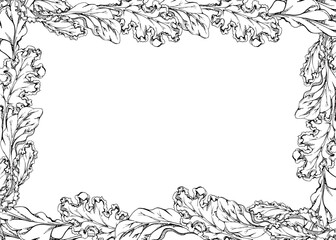 Hand drawn vector ink green salad spinach kale leaf for diet and healthy lifestyle, vegan cooking. Illustration border frame isolated on white background. Design recipe book, website, card, menu