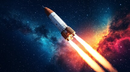 A powerful rocket blasts off into space, leaving a fiery trail against a vibrant nebula background
