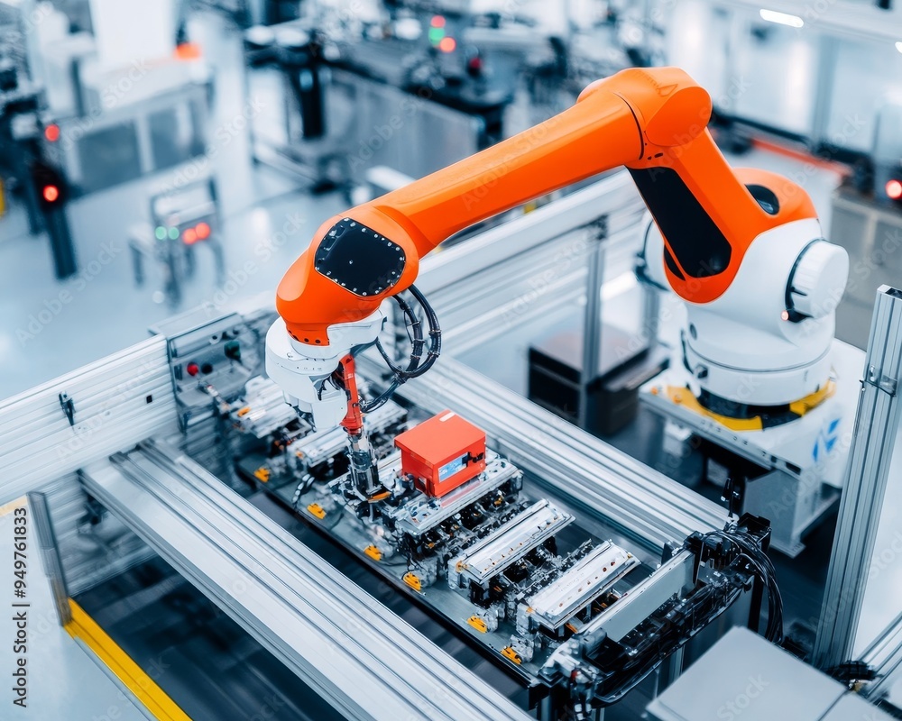 Poster a robotic arm assembles a circuit board in a modern factory setting.
