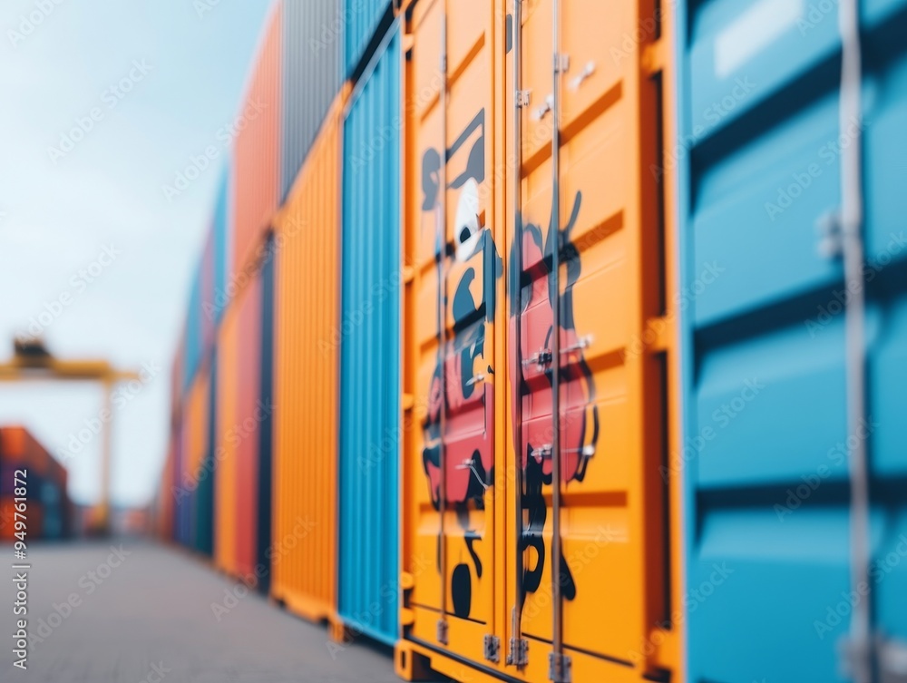 Poster a row of colorful shipping containers at a port. one container is decorated with a whimsical cartoon
