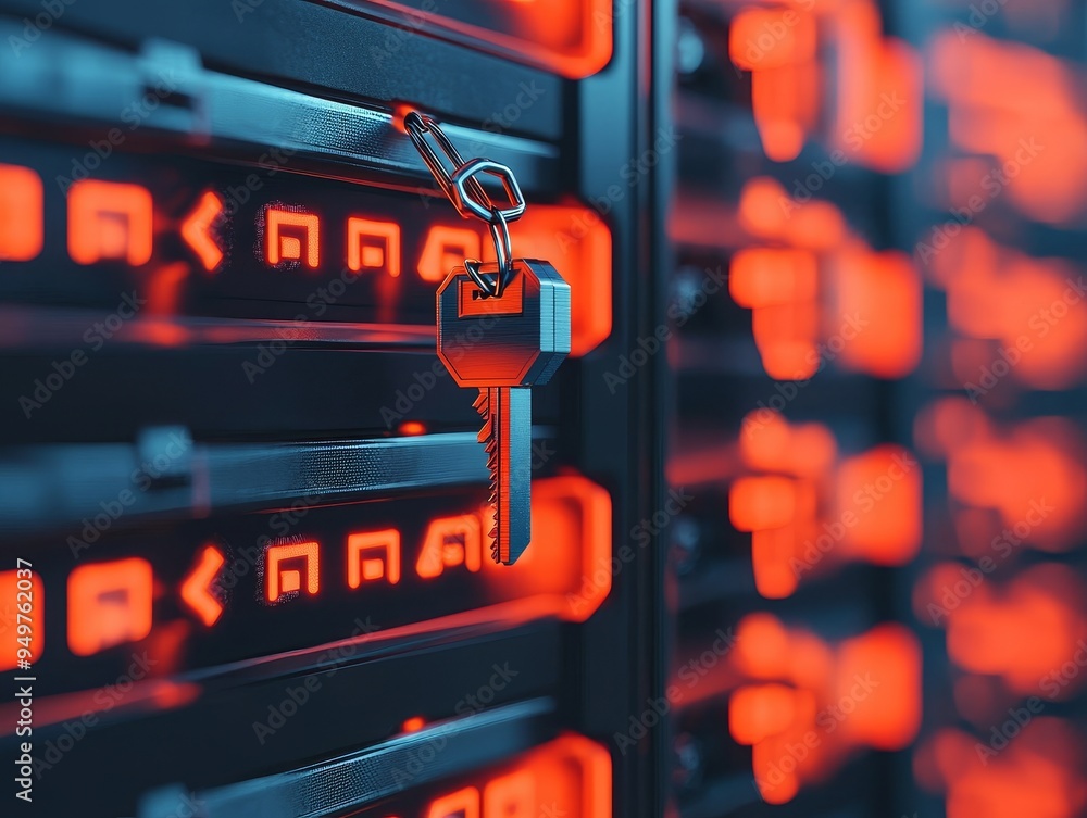 Aufkleber a silver key hangs on a server rack, representing data security and access.