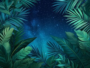 Fototapeta premium A serene view of lush green leaves framing a starry night sky, creating a tranquil atmosphere for nature lovers.