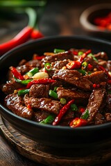 Fototapeta premium Hunan Spicy Beef - A dish from Hunan province featuring thinly sliced beef stir-fried with spicy chili peppers and garlic..