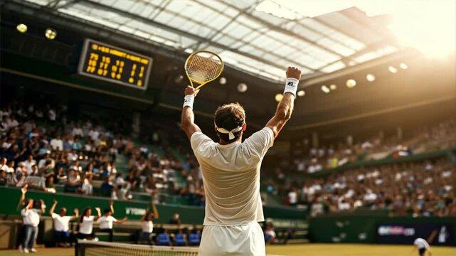 Tennis player celebrates victory on court, raising arms in triumph as crowd cheers during professional match.