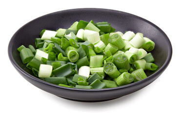 green onion in black bowl isolated on white background. clipping path