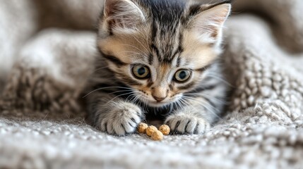 A playful kitten batting at a pellet before eating it, with a cozy blanket in the background and space for text in the lower third