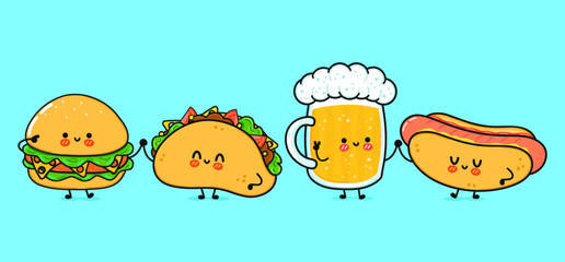 Cute, funny happy glass of beer, hot dog, hamburger, taco . Vector hand drawn cartoon kawaii characters, illustration icon. Funny cartoon glass of beer, hot dog, hamburger, taco mascot friends concept