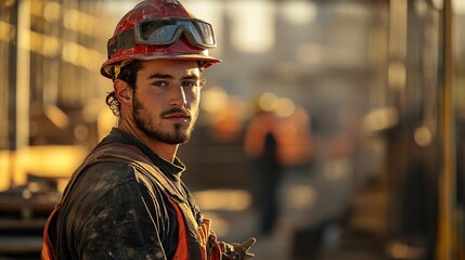 A focused construction worker stands confidently on site, showcasing determination and safety in a busy environment.