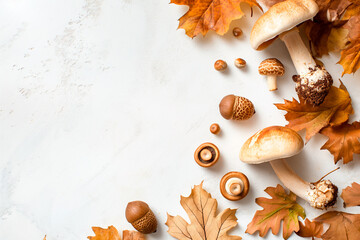 autumn background with leaves, mushrooms and acorns