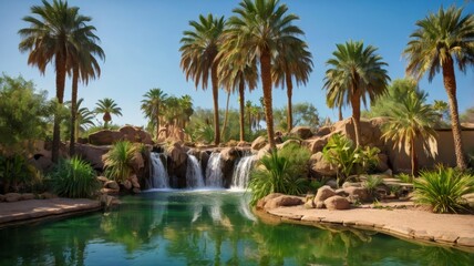 Obraz premium Oasis with palm trees, plants, pond, and waterfall, transparent