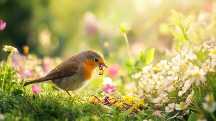 A serene image of a robin eating worms from the ground in a garden, surrounded by blooming flowers, with plenty of empty space on the left for text
