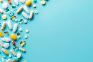 plain blue background with various pills, capsules and vitamins 