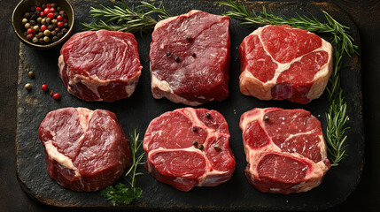 raw steaks top view on a black background.