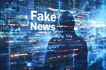 Fototapeta premium Journalist illustrating fake news concept, mixing real and false headlines on digital screen.