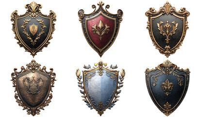 Ornate shield emblems in various styles set isolated on transparent background