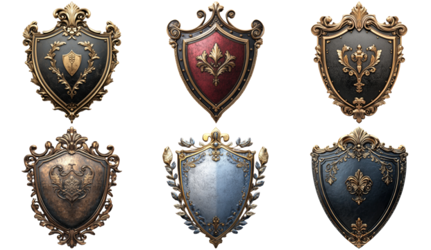 Ornate shield emblems in various styles set isolated on transparent background