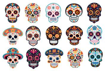 PNG sugar skull illustration design element set, transparent background